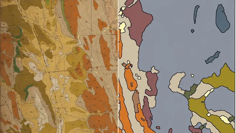 The Coe Fairbairn source map before and after processing: a scanned geological survey sheet on the left, the same ground as clean classified polygons on the right.