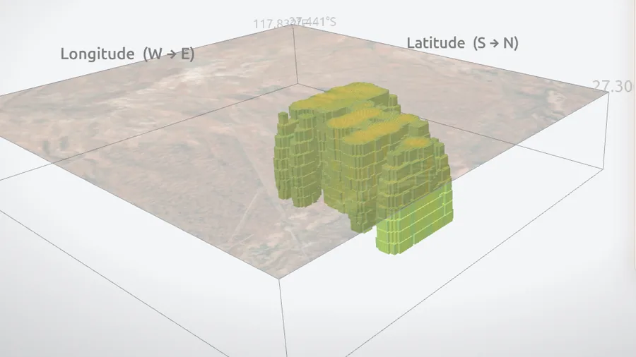 A voxel belief map: the ground beneath a gold field divided into cells, each shaded by how strongly the model believes mineralisation is present.